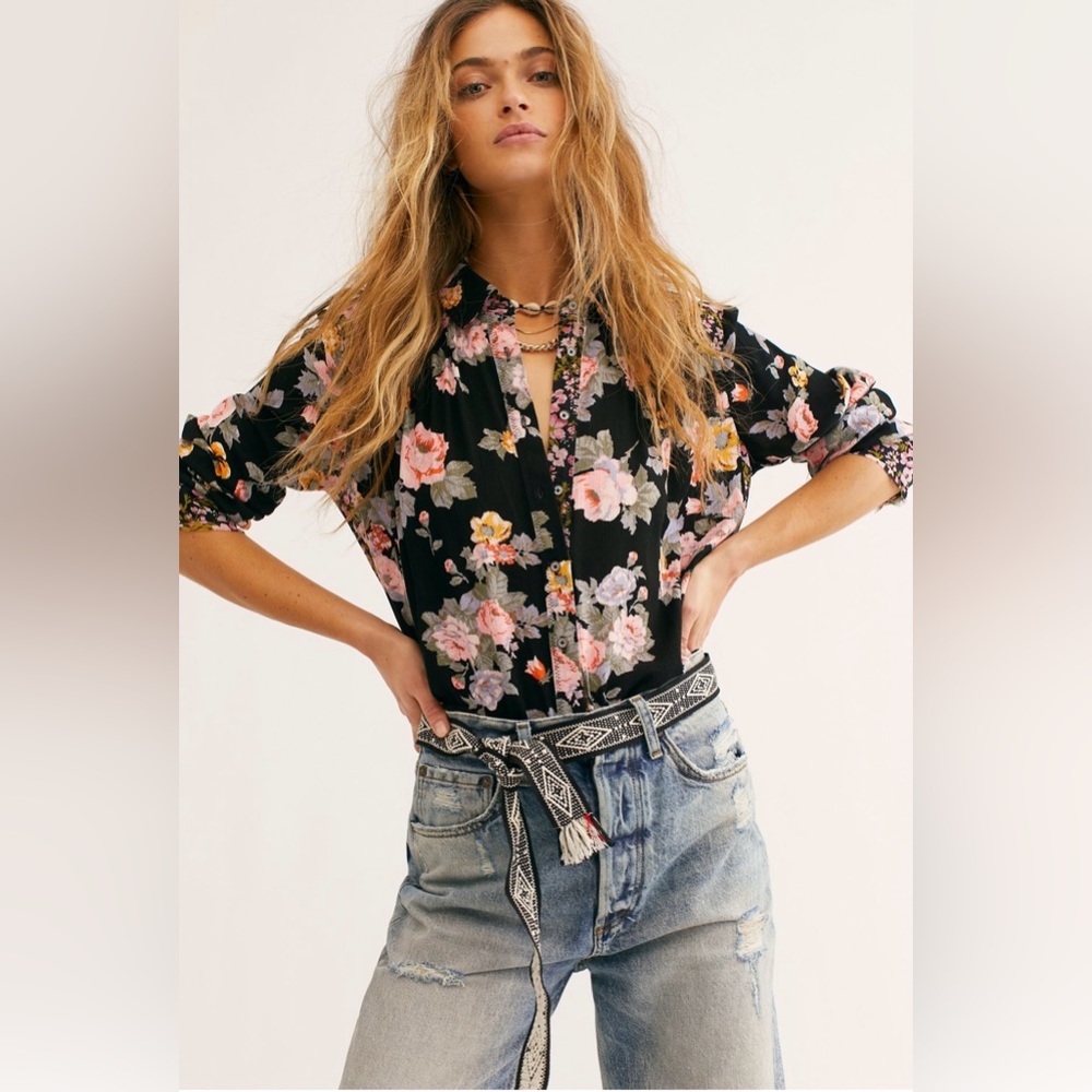 Free People Floral Blouse - Black and Pink